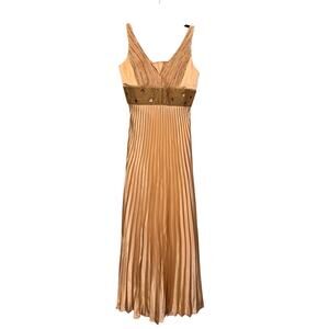 Dave & Johnny Dress Womens 5/6 Gold Tan Evening Gown Satin Pleated Beaded Party